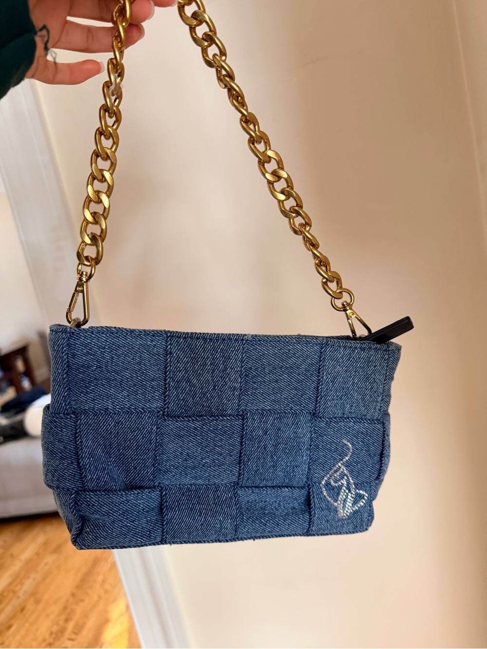Denim Woven Shoulder Bag with Gold Chain